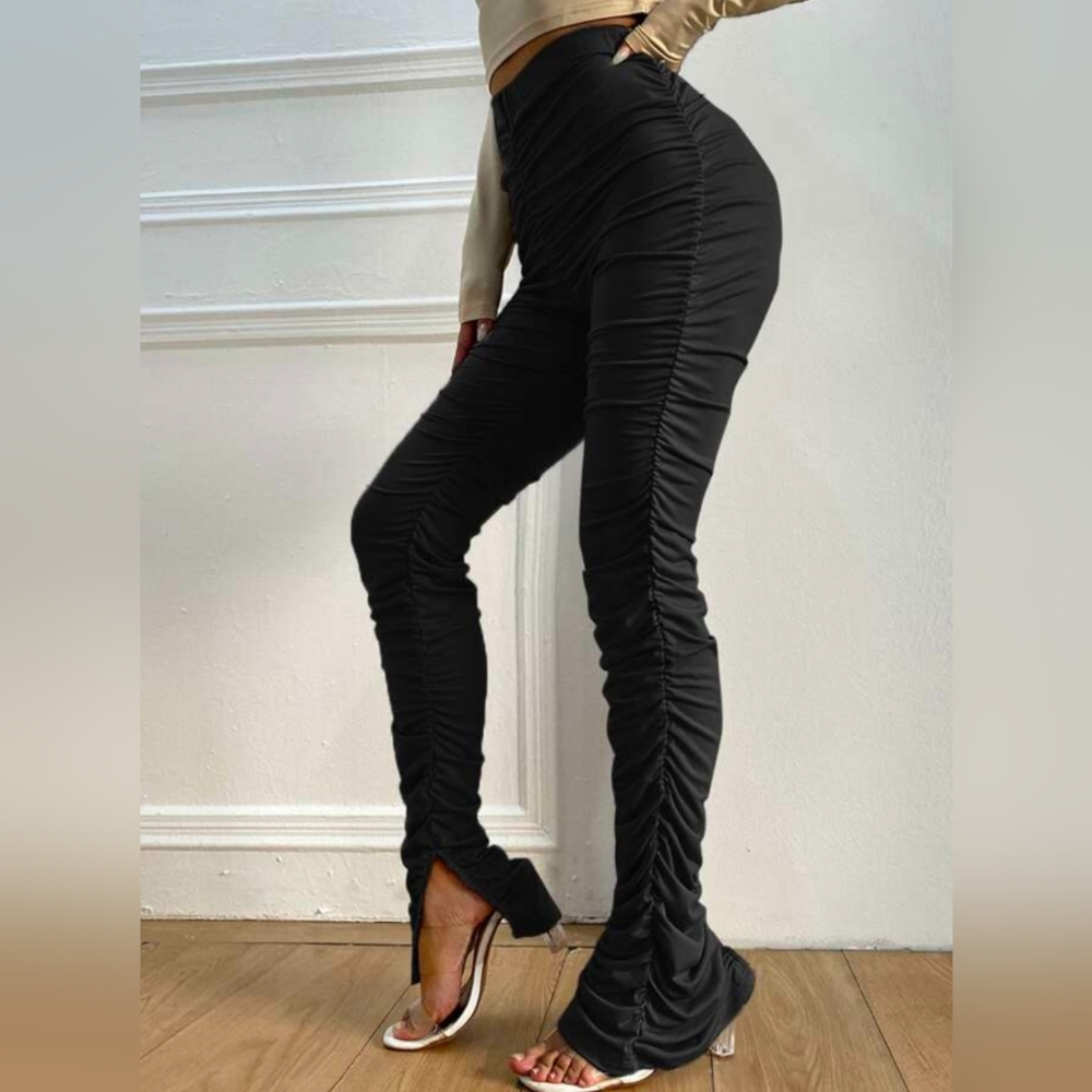 Black Ruched Split Hem Pants - Picture 2 of 11